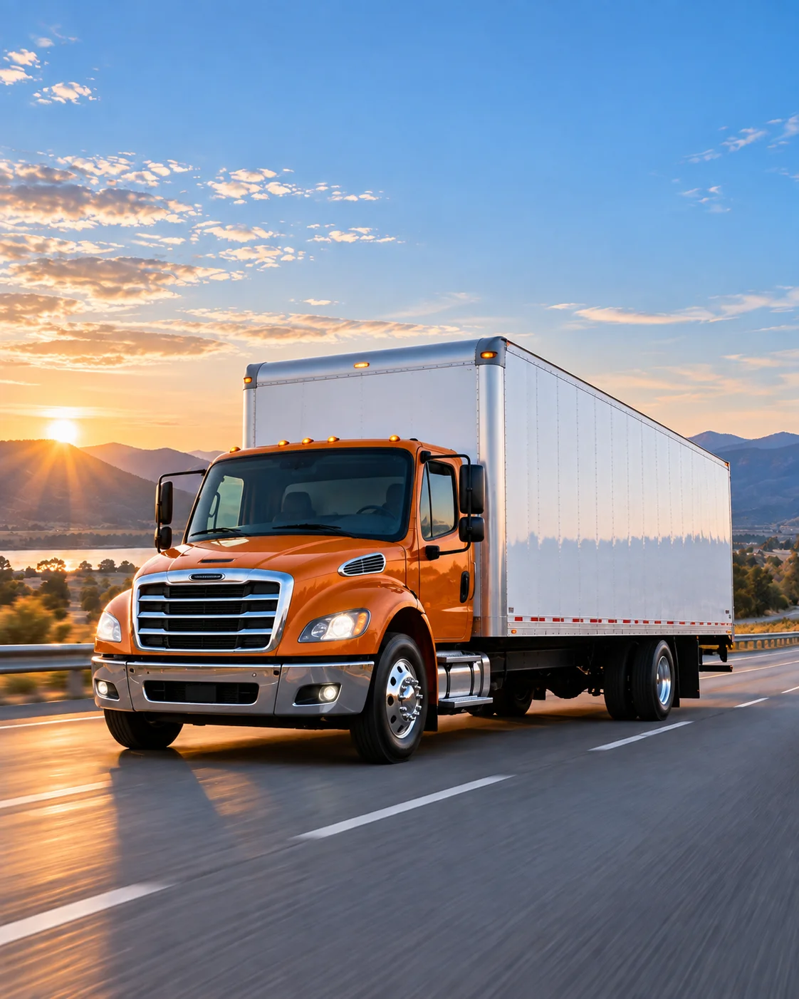 Orange box truck with a white 26-foot cargo body on the highway