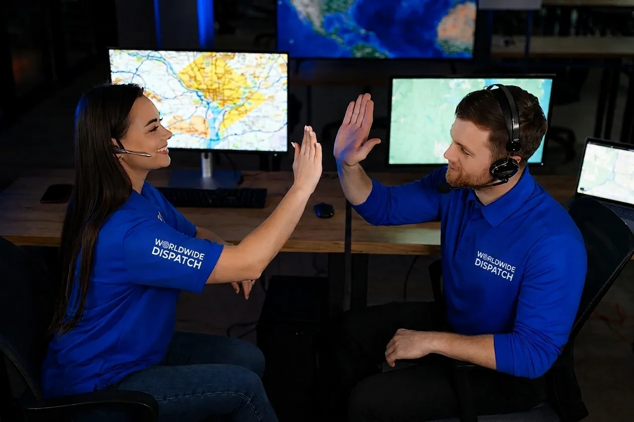 Worldwide Dispatch team — two dispatchers with headsets celebrating over a high-five at the dispatch desk with live freight maps on screen